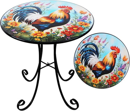 Outdoor Side Table, 18" Rooster Round Accent Table, Metal Indoor Small End Tables, Plant Stand Tables for Patio Yard Balcony Garden Bedside