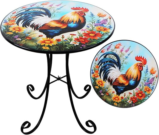 Outdoor Side Table, 18" Rooster Round Accent Table, Metal Indoor Small End Tables, Plant Stand Tables for Patio Yard Balcony Garden Bedside