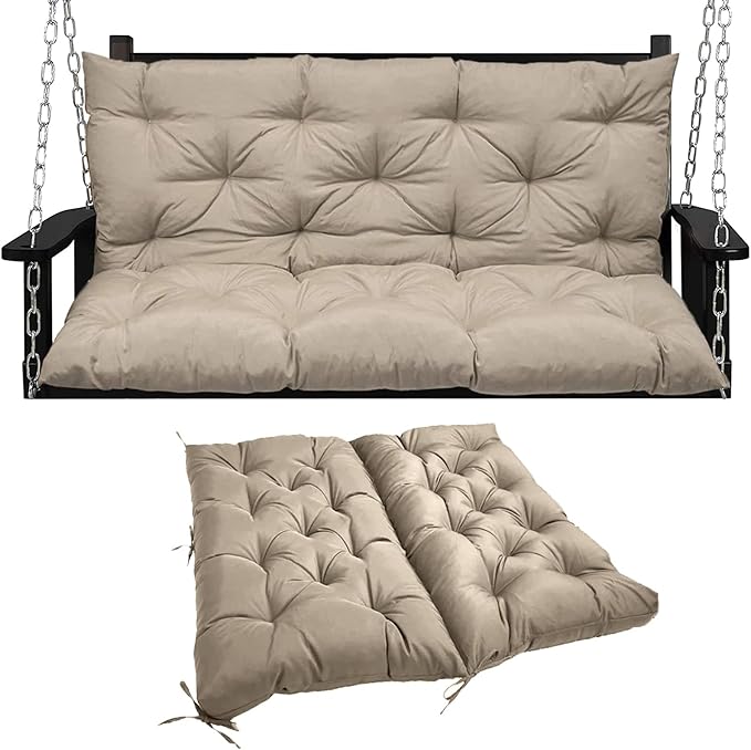 Swing Replacement Seat Cushions, 2-3 Seater Bench Cushions for Outdoor Furnitur with Backrest, Garden Recliner Seat Cushions Waterproof Sofa Pads (Khaki, 71x40in)