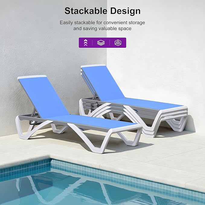 PURPLE LEAF Patio Chaise Lounge Chair Outside Aluminum Plastic Stackable Tanning Chairs for Pool Sunbathing Beach Deck Outdoor Lounger, Royal Blue