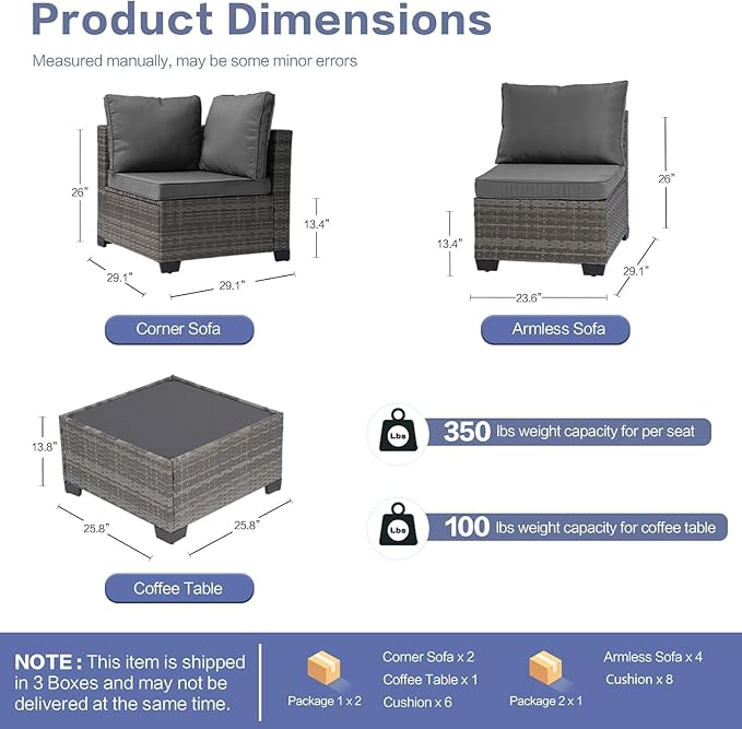 10-Piece Outdoor Sectional Sofa Set, Wicker Patio Furniture with Grey Cushions for Your Villa, Balcony, Porch, Backyard, Grey Rattan