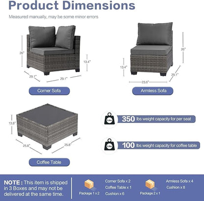 10-Piece Outdoor Sectional Sofa Set, Wicker Patio Furniture with Grey Cushions for Your Villa, Balcony, Porch, Backyard, Grey Rattan