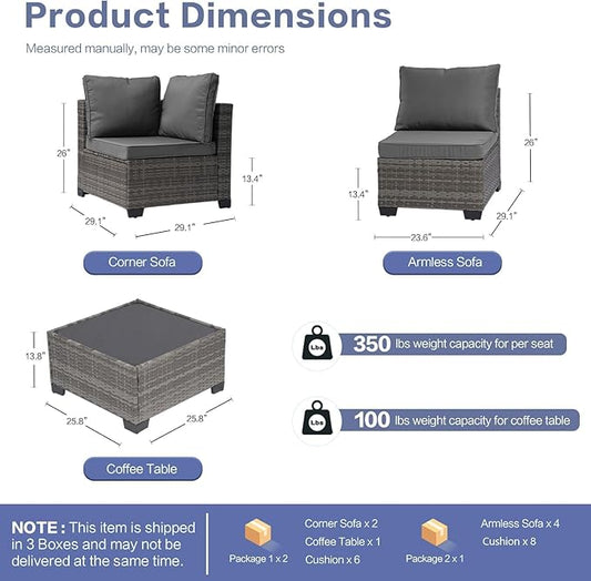 10-Piece Outdoor Sectional Sofa Set, Wicker Patio Furniture with Grey Cushions for Your Villa, Balcony, Porch, Backyard, Grey Rattan