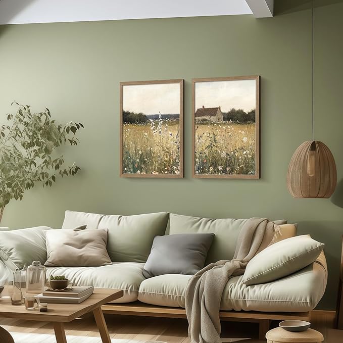Two Framed Canvas Vintage Wildflower Wall Decor Country House and Wildflower Print Natural Botanical Landscape Wall Decor for Farmhouse Living Room or Bedroom 16x24 Inch