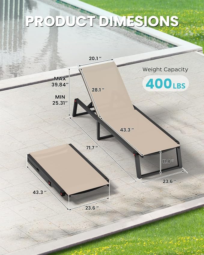 Aluminum Chaise Lounge Chair Outdoor, Foldable& No Assembly Patio Pool Lounge Chairs 5-Position Recliner for Outside, Fully Grounded Legs Sun Lounger for Poolside, Khaki