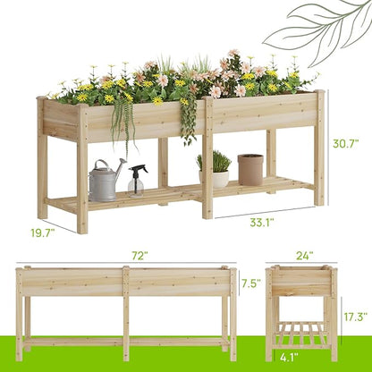 Raised Garden Bed, Planter Box with Storage Shelf, Elevated Wooden Box with Legs, Garden Planter for Backyard, Patio, Balcony, Natural Wood (Natural, L)