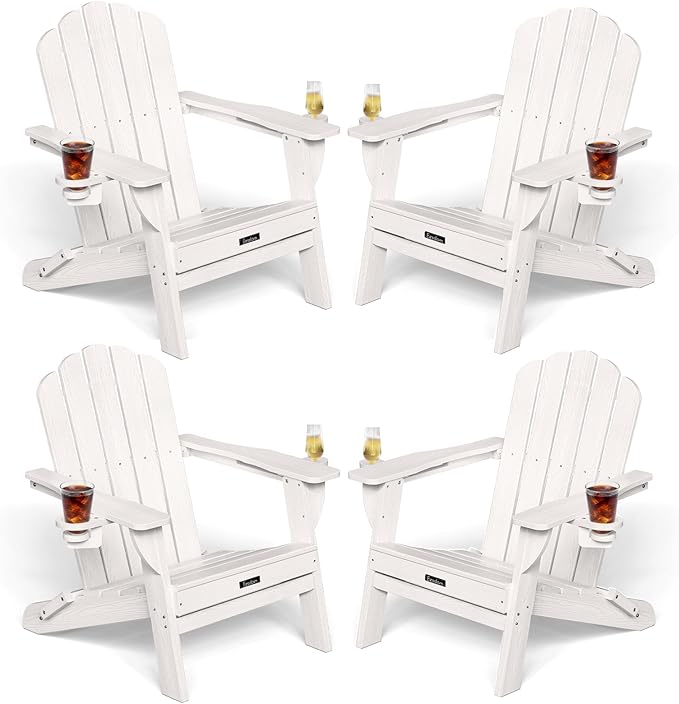 Adirondack Chairs Set of 4, Patio Chair, HDPE Fire Pit Chairs, Plastic Adirondack Chairs with 2 Cup Holder, Outdoor Lawn Chair for Patio Garden, White