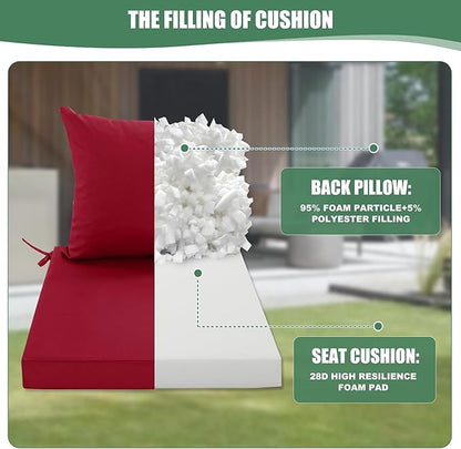 Waterproof Patio Cushions for Outdoor Furniture, Fade Resistant Back Pillow and Seat Cushion Set for Couch Replacements, 24 x 24 Inch, Red, Set of 2