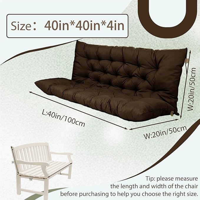 2/3 Seater Swing Replacement Cushion, Waterproof Porch Swing Cushions with Backrest, Thickened Bench Cushions for Outdoor Furniture, for Outdoor Patio Swing (Brown, 40 * 40 in)