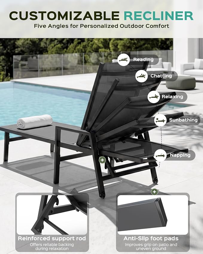 Patio Chaise Lounge Chair Outdoor with Wheels&Armrests, Aluminum Pool Lounge Chairs Five-Position Adjustable Recliner with Side Table, Outdoor Beach Lounge Chairs for Outside, Deck, Yard, Dark Gray
