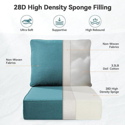 Luxury 6" Outdoor Cushions for Patio Furniture, 24x24x6" Thick Seat Cushion Set of 6, Fade Resistant Couch Chair Replacement Cushions High Density Deep Wicker Chair Cushion w/ Removable Cover, Green