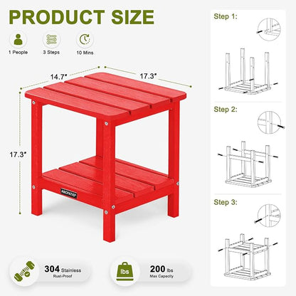 Outdoor Side Table HDPE Small Outdoor End Table Patio Side Tables Square for Backyard Pool Porch Balcony Double Layer Storage, Red (Wood Grain Finish)