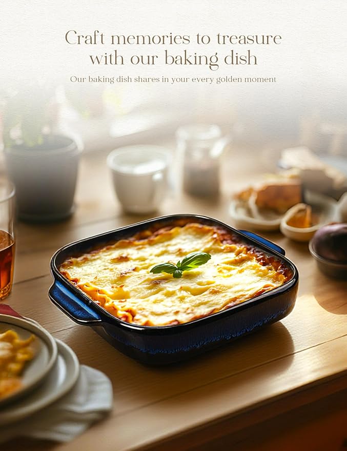 8x8 Baking Pan Ceramic Square Baking Dish with Handle for Brownie 48oz Blue | Deep for Brownie, Lasagna, Roasting and Great for Kitchen Decor
