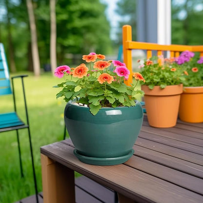 Indoor Plant Pot 6 Inch - Ceramic Planter with Drainage Hole and Saucer, Modern Decorative Indoor Planter for Herb Succulent Plants, Garden Home Decor, Gifts for Plant Lovers, Green