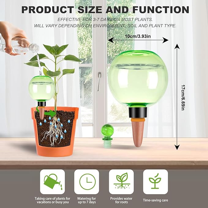 4 Pack Self Watering Globes 17oz Large Plant Watering Globes Top Fill, Self Water Planter Insert Indoor/Outdoor Plastic Water Bulbs Slow Release Terracotta for Plants, Green