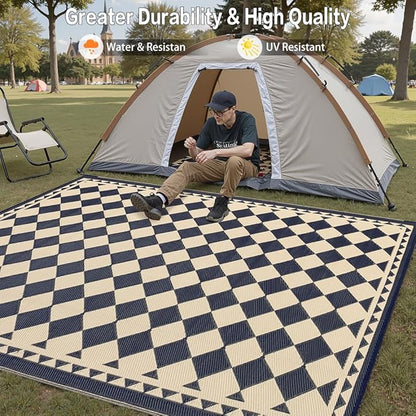 HUGEAR Outdoor Rug for Patios Clearance,Waterproof Mat,Large Outside Carpet,Reversible Plastic Straw Camping Rugs,Rv,Porch,Deck,Camper,Balcony,Backyard (5x8,Checkered/Black&Beige)