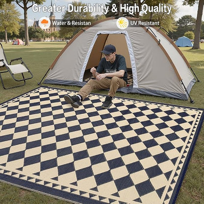 HUGEAR Outdoor Rug for Patios Clearance,Waterproof Mat,Large Outside Carpet,Reversible Plastic Straw Camping Rugs,Rv,Porch,Deck,Camper,Balcony,Backyard (6x9,Checkered/Black&Beige)