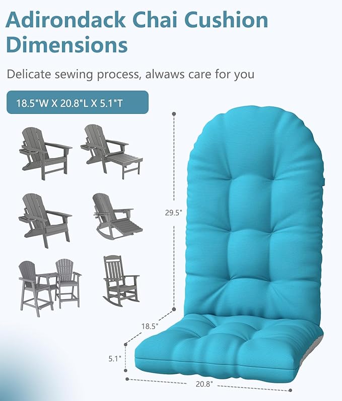 Adirondack Chair Cushion, Thickened Patio Chair Cushions with Ties, Waterproof and UV-Protected Rocking Chair Cushion for Indoor and Outdoor, Lake Blue.