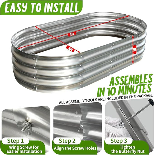 Galvanized Raised Garden Bed Kit, Planter Garden Boxes Outdoor, Oval Large Metal for Vegetables Fruits, Flowers Planter Boxes, Easy Assembly Garden Bed Kit (Silver, 4×2×1FT (2-Pack)