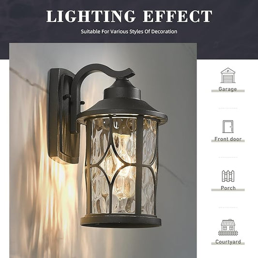zeyu 2 Pack Patio Wall Light Fixture, 12 Inch Outdoor Modern Wall Lights, Die-Cast Aluminum, Black Finish with Water Ripple Glass, ZX48BWG-2PK BK