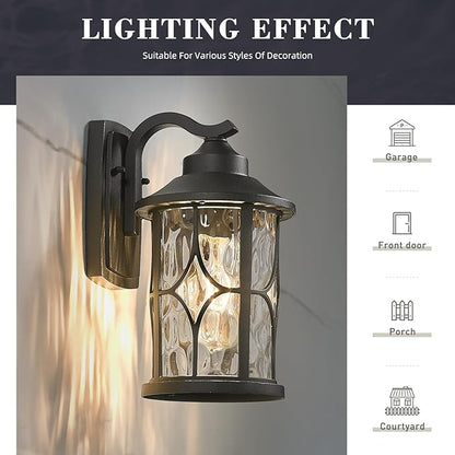 zeyu Modern Outdoor Wall Lights, 12 Inch Exterior Wall Lantern, Cast Aluminum with Water Ripple Glass, Black Finish, ZX48BWG BK