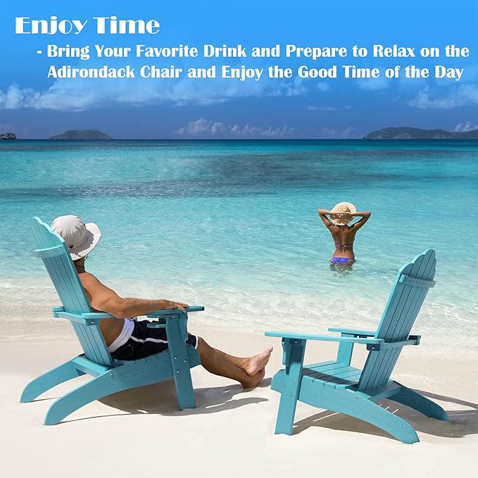 hOmeHua Oversized Adirondack Chairs Set of 2, HIPS Adirondack Chairs Weather Resistant with Cup Holder, Plastic Outdoor Chair for Patio, Backyard Deck, Fire Pit Lawn Porch (Lake Blue)