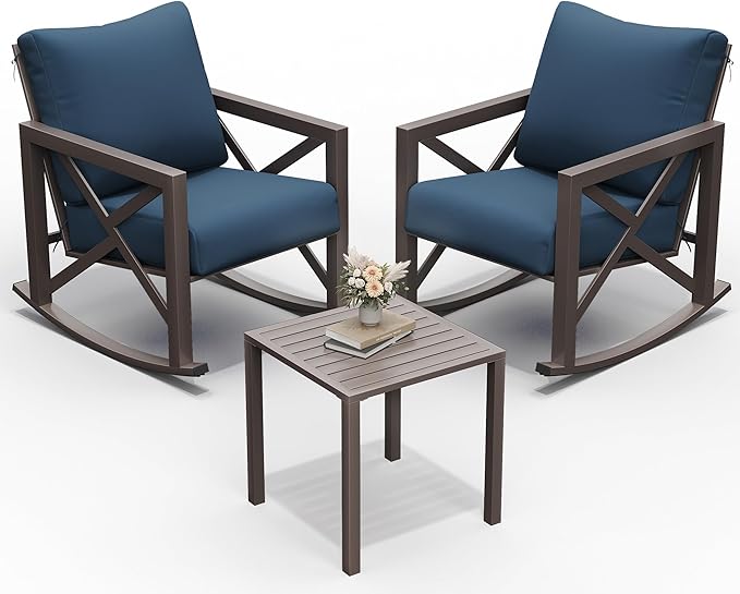 UDPATIO Rocking Chair Outdoor Set 2 with Coffee Table, 3 Piece Metal Rocking Bistro Set with 6.5" Water-Resistant Cushions, Oversized, 350lbs Heavy-Duty, for Porch, Patio, Balcony, Navy