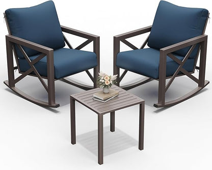 UDPATIO Rocking Chair Outdoor Set 2 with Coffee Table, 3 Piece Metal Rocking Bistro Set with 6.5" Water-Resistant Cushions, Oversized, 350lbs Heavy-Duty, for Porch, Patio, Balcony, Navy