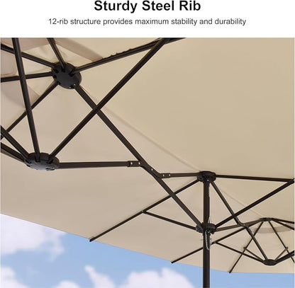 PURPLE LEAF 13ft Patio Market Umbrella with Base Double-Sided Rectangle Outdoor Table Sun Umbrellas with Crank 12 Heavy Duty Sturdy Ribs for Pool Beach Deck Backyard Khaki