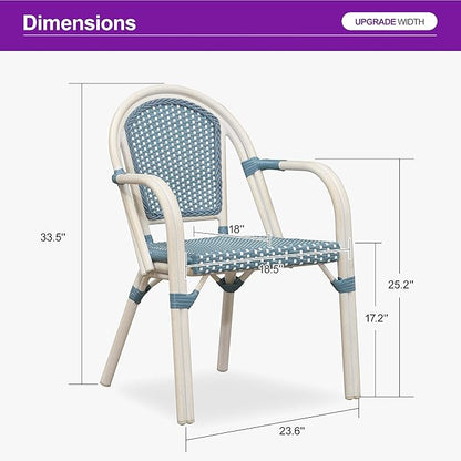 PURPLE LEAF French Bistro Chairs Set of 2 Hand-Woven Wicker Armchairs Outdoor Dining Chairs for Kitchen Porch Garden White Print Finish Light Blue