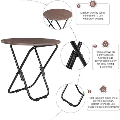 VECELO 17.7" Small Folding Table Set of 2,Round Patio Outdoor Side Table, Foldable Wooden Table with Weather Resistant Steel Frame, Patio Table for Camping Picnic Garden Small Space