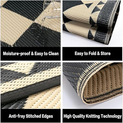 HUGEAR Outdoor Rug for Patios Clearance,Waterproof Mat,Large Outside Carpet,Reversible Plastic Straw Camping Rugs,Rv,Porch,Deck,Camper,Balcony,Backyard (5x8,Checkered/Black&Beige)