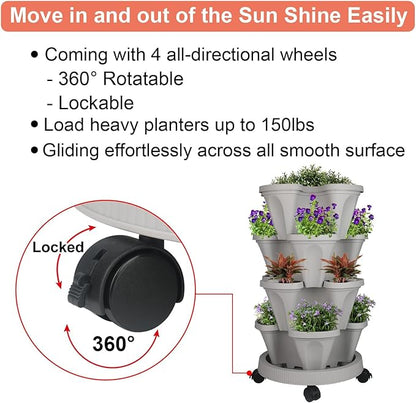 GameXcel Vertical Planter Tower- 4 Tier Stackable Garden Planter with Wheels and Tool Set – Grow Strawberries Herbs Flowers and Vegetables - Indoor Outdoor Use Gray
