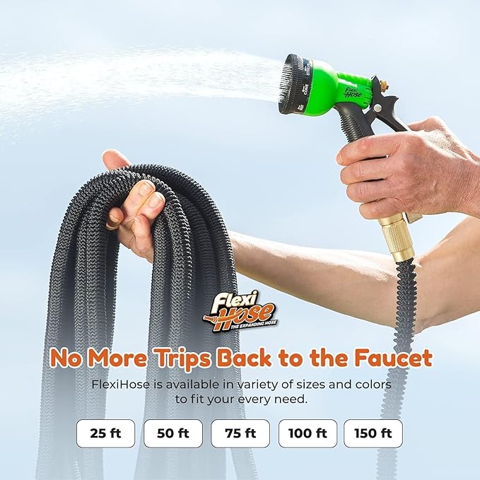 Flexi Hose Plus Expandable Garden Hose with 8 Function Nozzle, 150FT - Lightweight Retractable Garden Hose, Water Hose - No-Kink Flexibility, 3/4 Inch Solid Brass Fittings Includes Hook & Bag