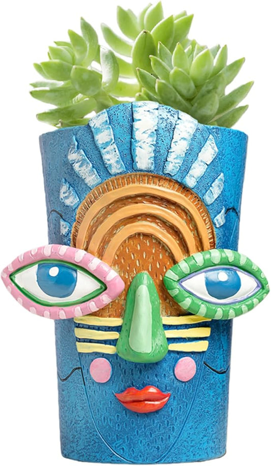 Picasso Abstract Face Flower Pot,Plant Pot with Facial Expressions,Handmade Resin Plant Pot with Drainage Holes,for Indoor and Outdoor Botanical Home décor (Blue Large)