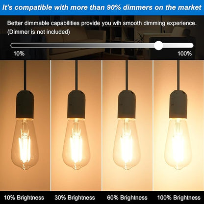 HESSION Vintage LED Edison Bulb, 6-Pack ST58 6W, Equivalent 60W Neutral Natural Light 4000K E26 Medium Base Antique Vintage Style, Clear Glass Filament Edison Light Bulbs with 90+CRI, Dimmable.