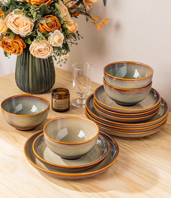 TheTerra Stoneware Dinnerware Sets for 4, 12 Pieces Ceramic Plates and Bowls Sets, Scratch Resistant Dish Set, Oven, Microwave & Dishwasher Safe, Creamy Amber