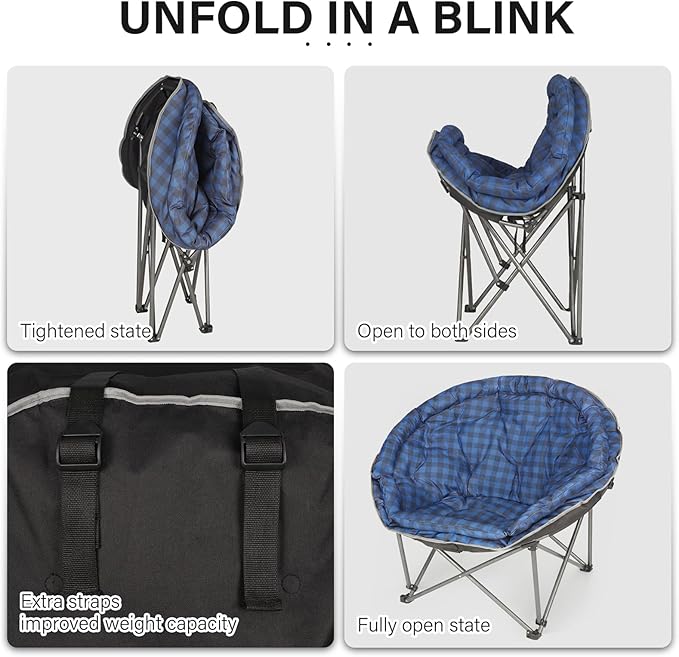 Oversized XXL Folding Round Camping Chair,Super Comfy Padded Moon Camp Chairs,Heavy Duty Supports 200 Kg Outdoor Lawn Chairs for Adults,Perfect for Indoor,Family Camping,Hiking,Picnics and Garden