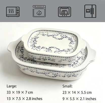 ACMLIFE Ceramic Casserole Dish with Lids for Oven, Large Baking Dish with Lid and Small Ceramic Casserole Dishes with Lid, Bakeware Set Baking Pan Lasagna Pan with Lids & Handles 4 Pcs Set (13x8 Inch+ 8x6 Inch, 2.01 Quart+0.85 Quart, Blue and White), C...