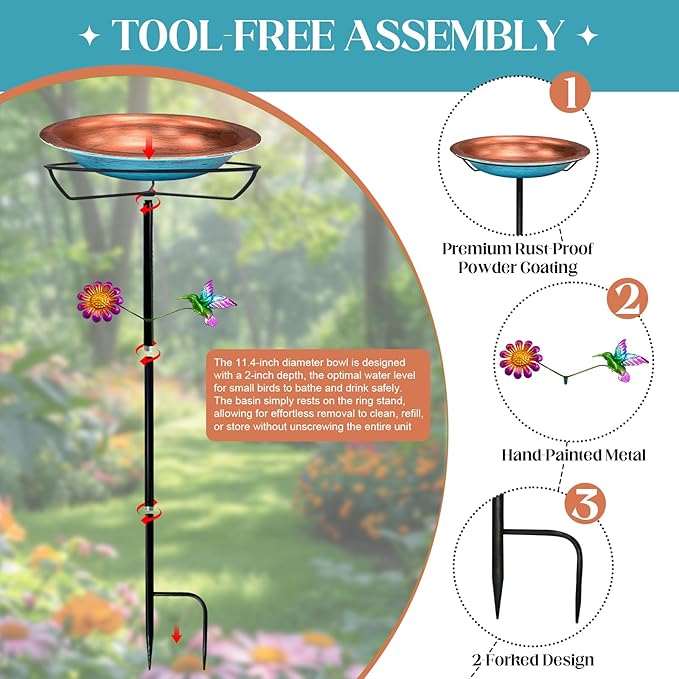 WANGIRO 11.4" Standing Bird Bath for Outdoors - 33" Tall Metal Birdbaths with Trellis Stake,Retro Copper & Blue Garden Decor, Detachable Bowl with Hummingbird & Flower Accent for Yard, Patio, Lawn