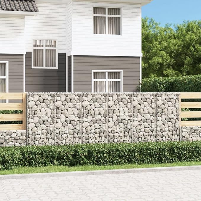 Galvanized Steel Gabion Wall with Covers, Gabion Mesh Wire Wall Panel Galvanized Steel Garden Stone Wire Basket Fencing Patio Decorative Fence, 118"x19.7"x39.4",-190