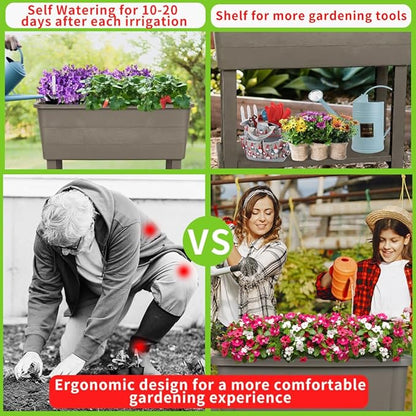3 Pcs Self Watering Elevated Raised Garden Bed, Large Outdoor Plastic Planter Box Big Flower Plant Pot for Planting Flowers Vegetables and Herbs (3, Khaki)