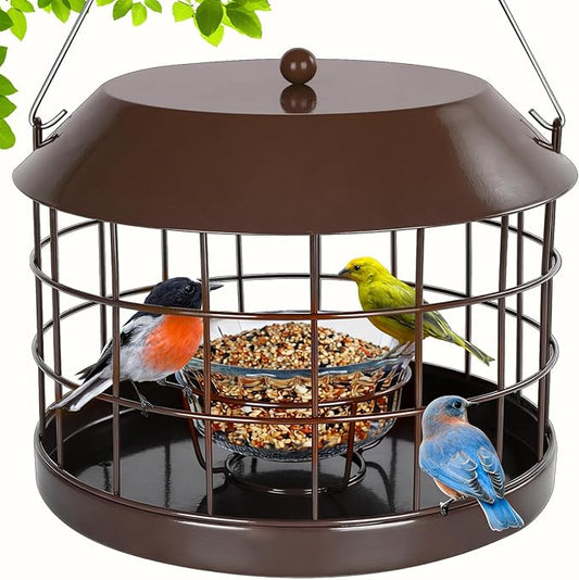 Gbekery Caged Bluebird Feeder for Mealworms with Glass Bowl, Squirrel Proof Bird Feeder for Small Birds Only, Detachable Hook, Large Space, Outdoors Weatherproof, Metal, Brown