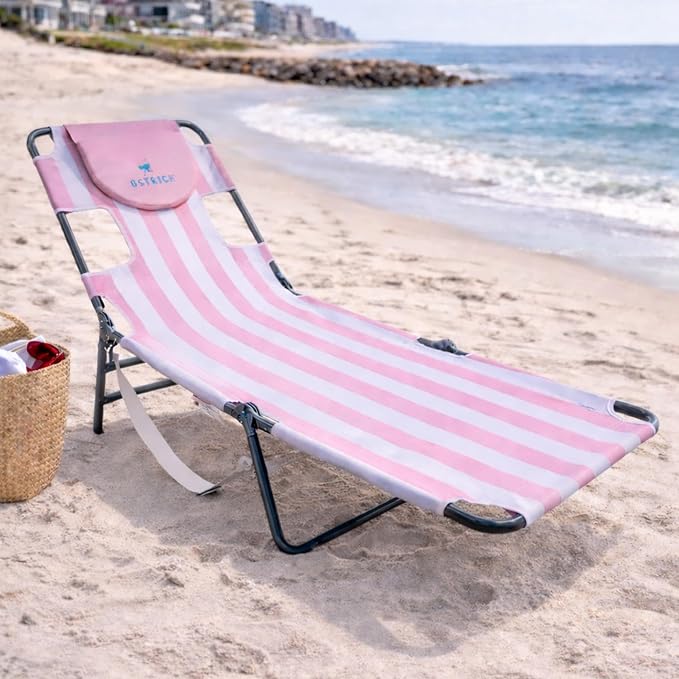 Ostrich the Original Chaise 72 x 22 Inch Lounge Portable Reclining Lounger, Outdoor Patio, Beach, Lawn, Camping, or Pool Tanning Chair, Pink Stripe
