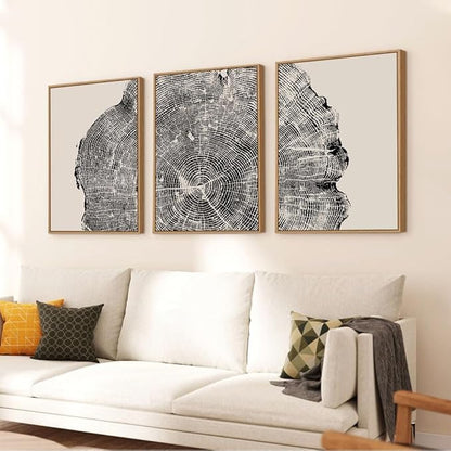 CHDITB Framed Tree Ring Wall Art Set of 3, 24"x36" Abstract Wood Stump Wall Decor, Large Black and White Wall Painting, Neutral Modern Nature Canvas Art Prints for Living Room, Bedroom, Farmhouse