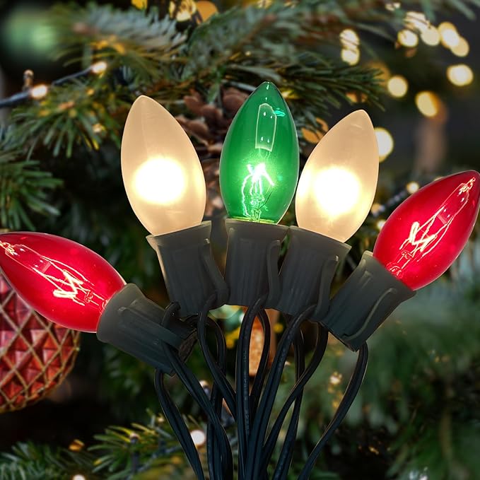 25Ft C9 Christmas Multicolor String Lights, Vintage Christmas Lights with 27 C9 Clear Red/Green/Frosted White Bulbs, Outdoor Hanging Patio Lights for Xmas Tree Path Roofline Wedding Party Decoration