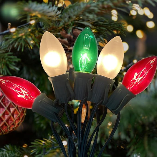 25Ft C9 Christmas Multicolor String Lights, Vintage Christmas Lights with 27 C9 Clear Red/Green/Frosted White Bulbs, Outdoor Hanging Patio Lights for Xmas Tree Path Roofline Wedding Party Decoration