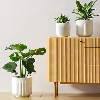 LE TAUCI Ceramic Planters, 8.3/7/6 Inch Indoor Pots for Plants with Drainage Holes & Mesh, Modern Matte Glaze Cylinder Fluted Plant Pot for Snake Plant, Set of 3, White