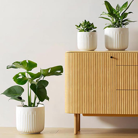 LE TAUCI Ceramic Planters, 8.3/7/6 Inch Indoor Pots for Plants with Drainage Holes & Mesh, Modern Matte Glaze Cylinder Fluted Plant Pot for Snake Plant, Set of 3, White
