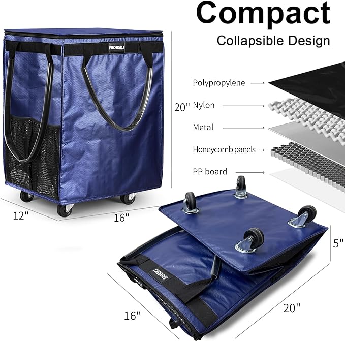 (Medium, Navy) Reusable Grocery Bag on Wheels, 70L Foldable Rolling Tote, Carries Up to 66 lbs Shopping Trolley, Zipper Clouser Shopping Carts for Trips, Laundry, 4 Heavy Duty Wheels and 3 Handles | Bag on Wheels, Foldable